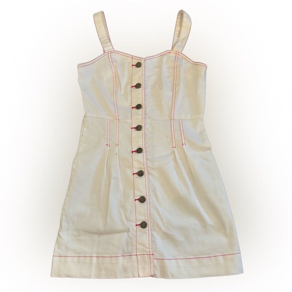 Denim button up dress with pink stitching